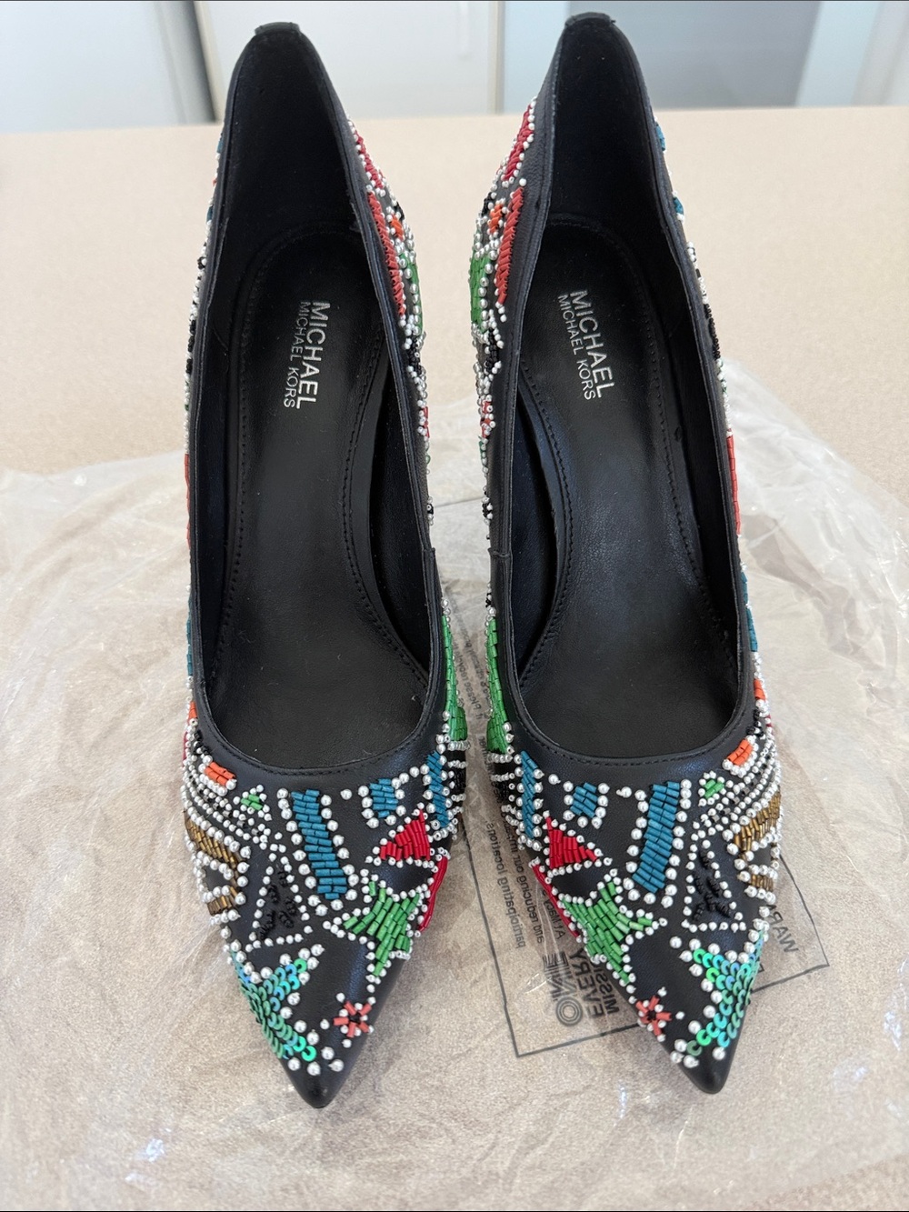 Michael Kors Black Pointed-Toe Beaded Pumps with Multicolor Accents
